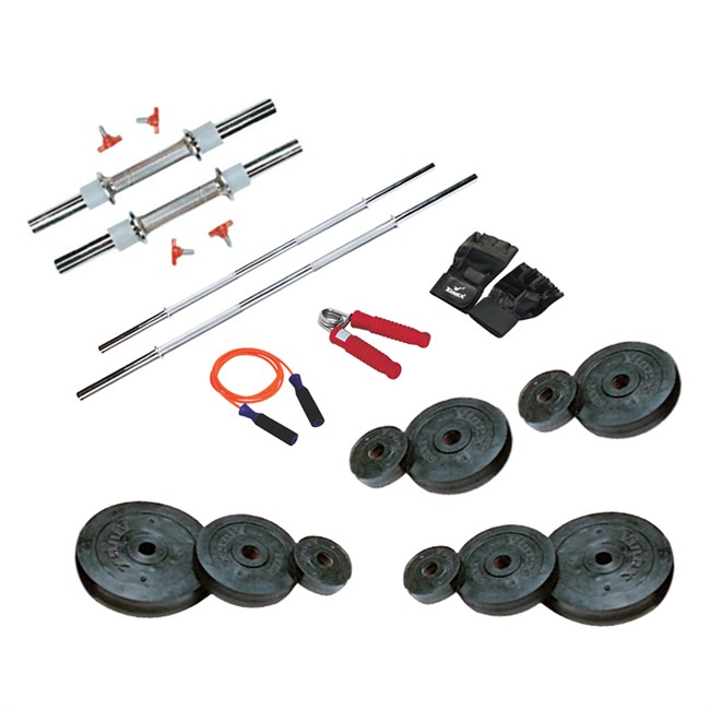 22 Kg Weight Rubber + 2 Pc Dumbbell Rods + 2 Pc Weight Training Rods + 1 Pair Sports Gloves + 1 Pc Power Grip + 1 Pc Skipping Rope
