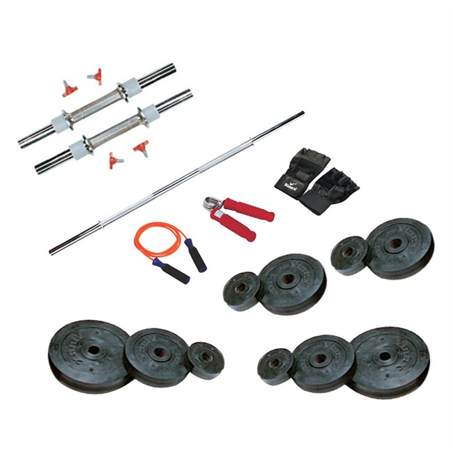 22 Kg Weight Rubber + 2 Pc Dumbbell Rods + 1 Pc Weight Training Rod + 1 Pair Sports Gloves + 1 Pc Power Grip + 1 Pc Skipping Rope